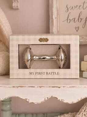 Mud Pie My First Rattle Silver Tone Baby Keepsake Gift Boxed